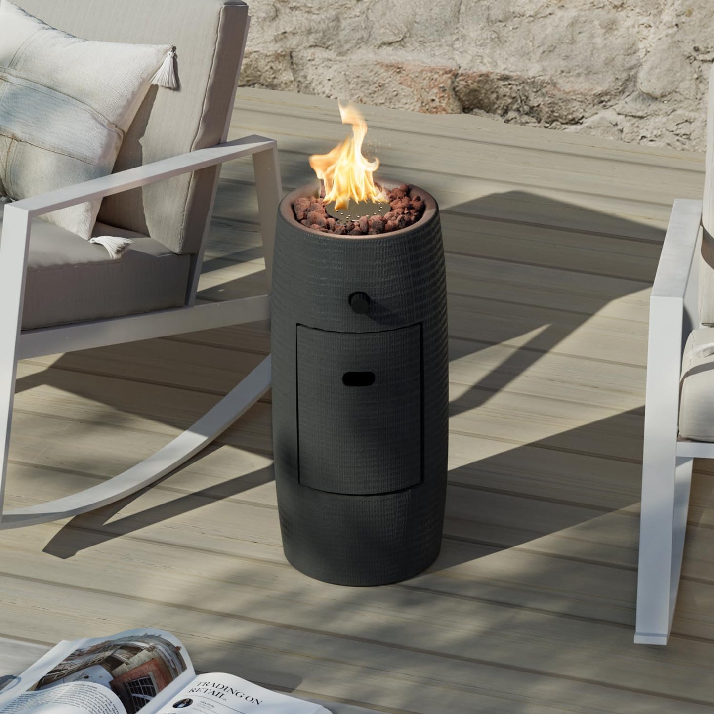 COSIEST Outdoor Propane Fire Pit Table w Compact Ledgestone 11-inch Round Graphite Base, Certified, 40,000 BTU, Free Lava Rocks, Touch-up Pen, Fits 20lb (Black)