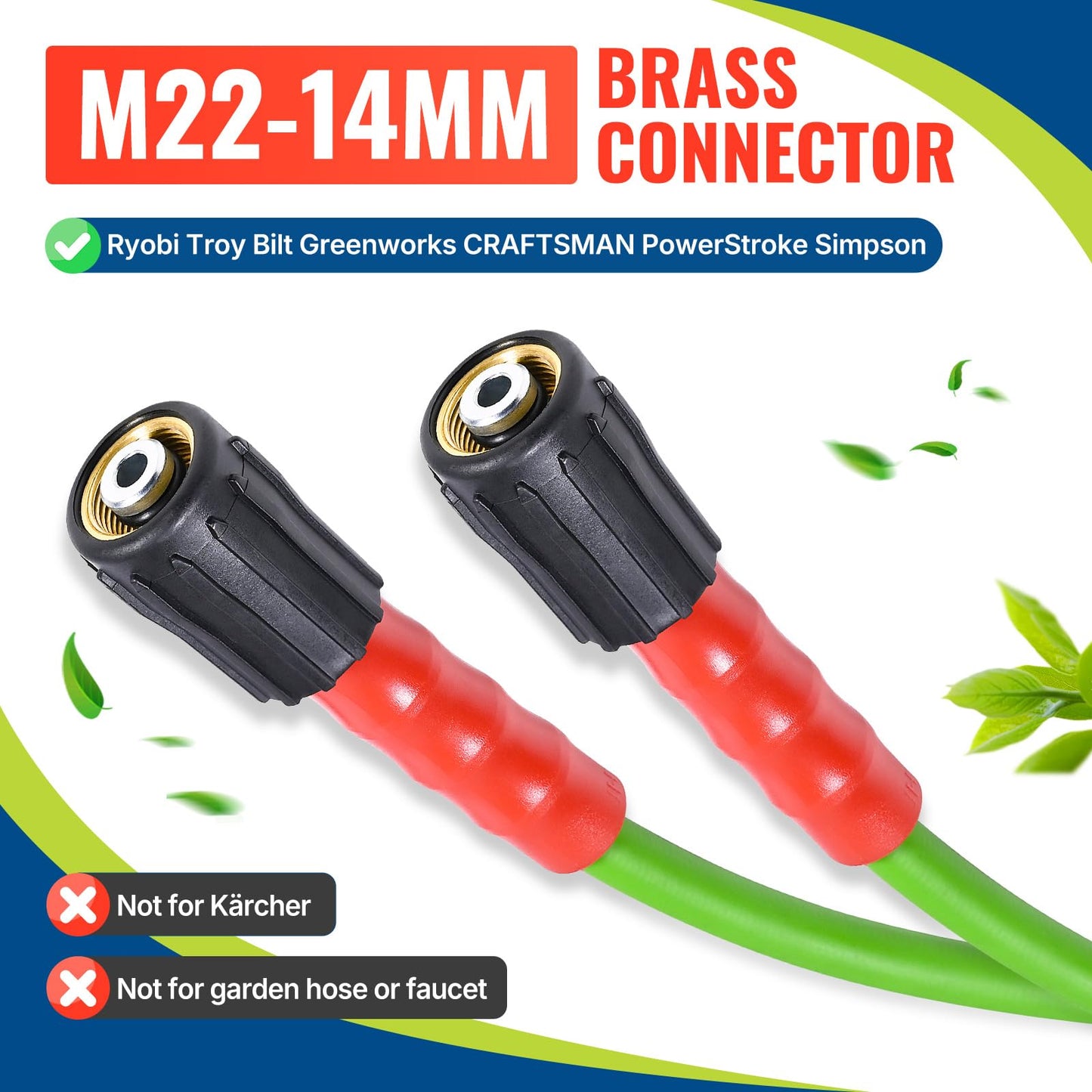 YAMATIC Super Flexible Pressure Washer Hose 50FT for Power Washer Replacement, Kink Resistant Extension With Leak-Free M22 Female & 3/8" Quick Connect Adapters, 1/4" 3200 PSI, Green
