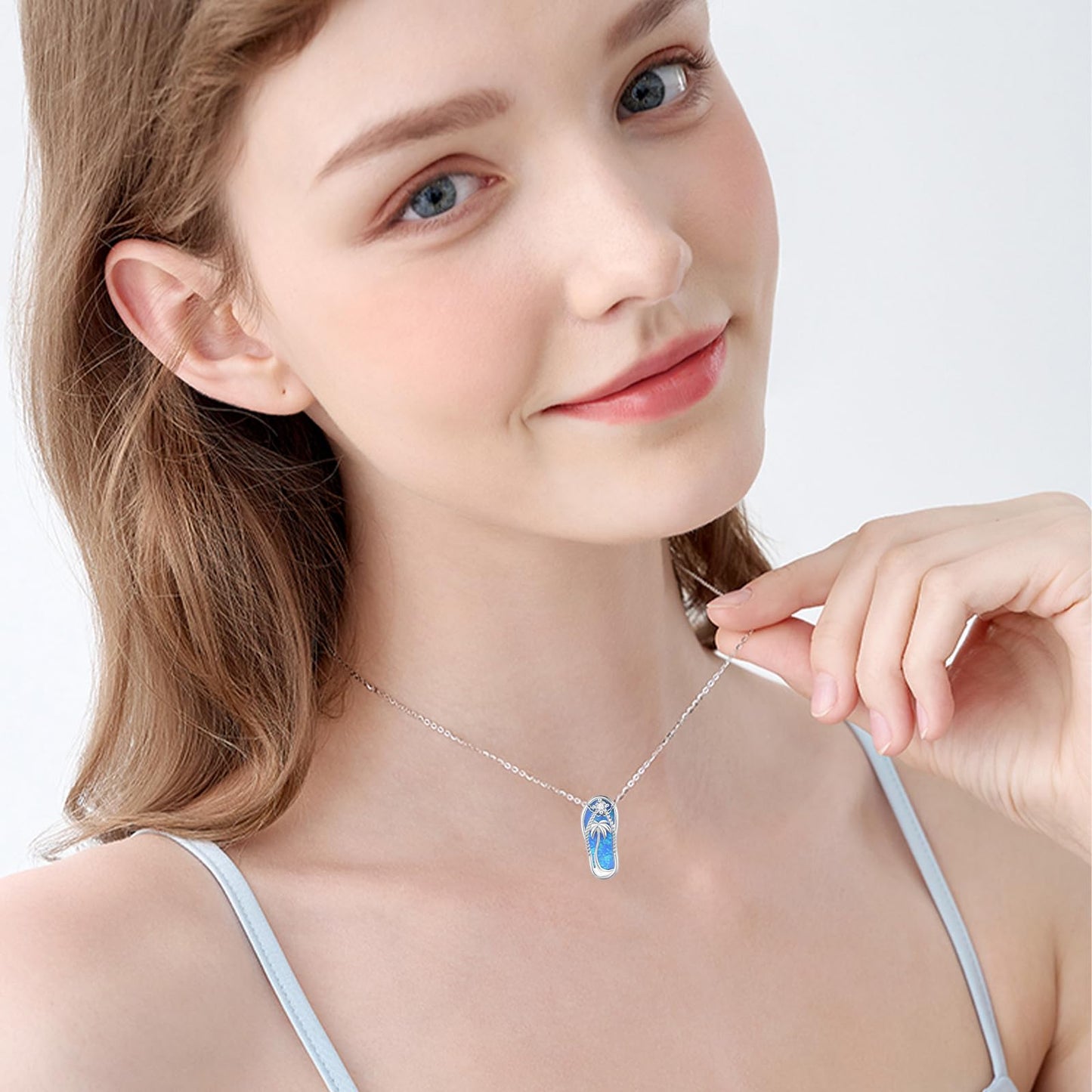 Midir&Etain Flip Flop Necklace 925 Sterling Silver Palm Tree Pendant Beach Blue Opal Necklace Flip-Flop Opal Jewelry for Women Prime