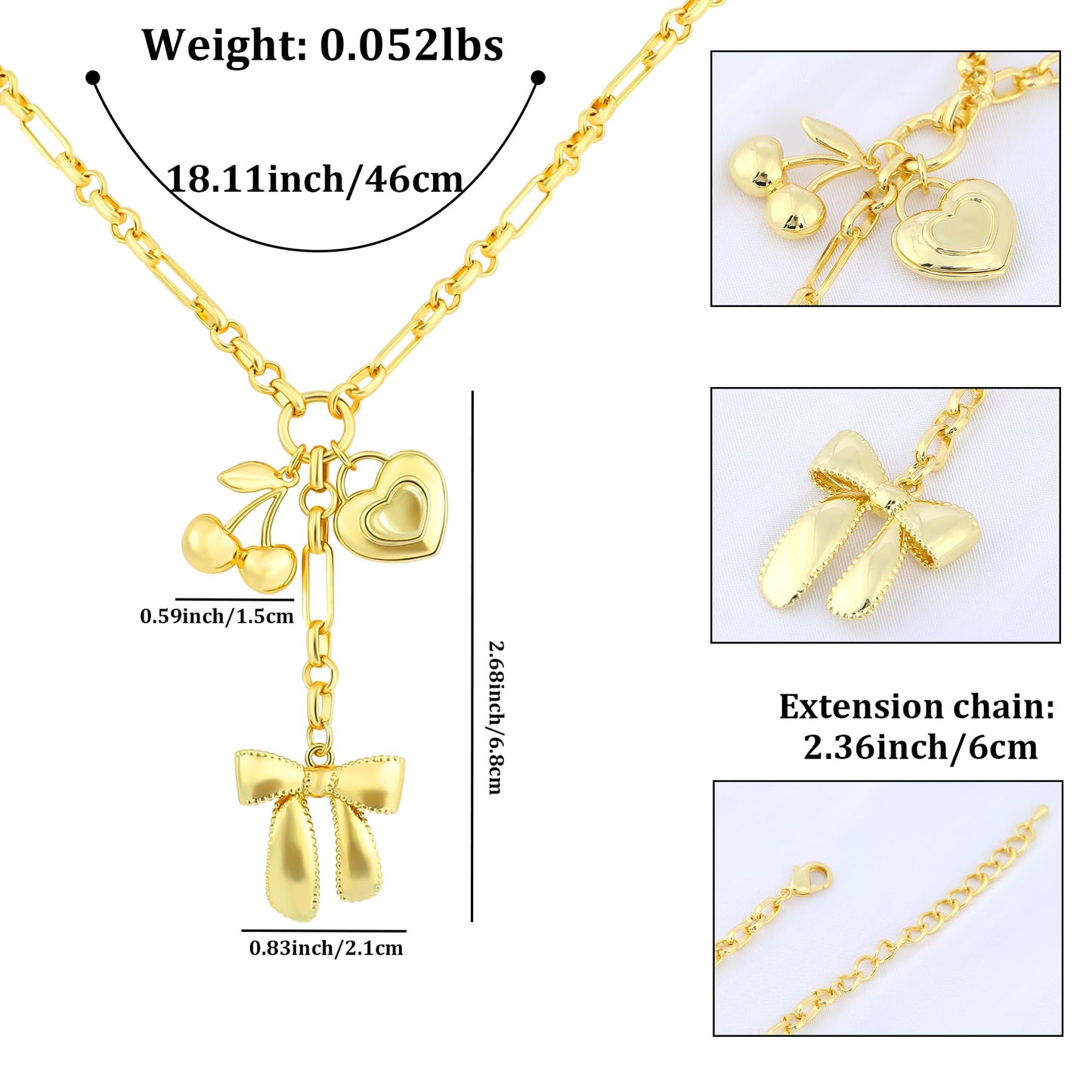 NEKOL Gold Cherry Love Heart Bow Charm Necklace for Women, Fun Gold Heart Key Bow Pendant Necklace with Long Chain Paper Clip Chain Cute Cherry Romantic Bowknot Ribbon Y Choker Jewelry Gift