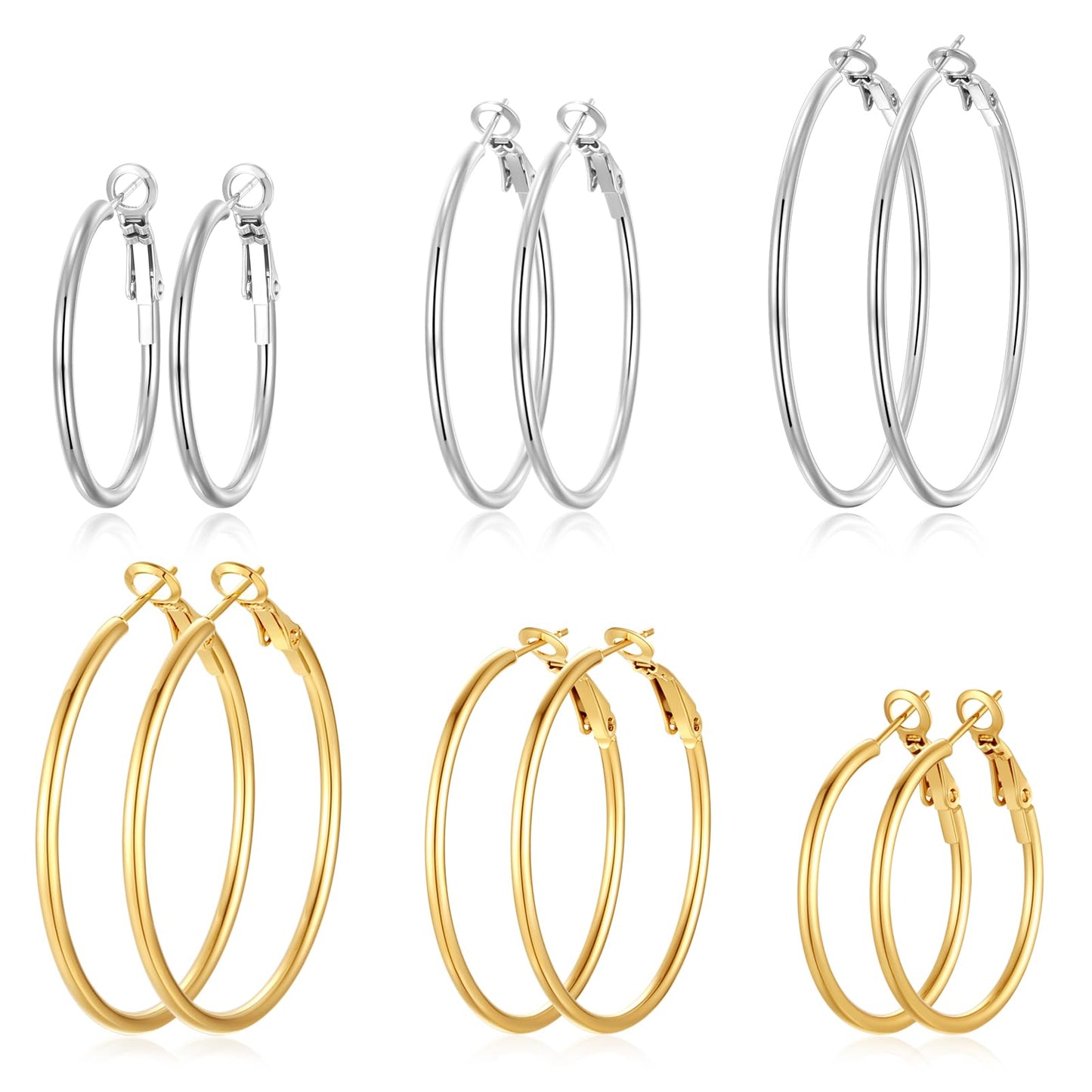 6 Pairs Silver Gold Two Tone Big Hoop Earrings for Women | 14K Real Gold Plated Hypoallergenic Large Womens Hoops Earrings Set for Women 3 Sizes (30/40/50mm)