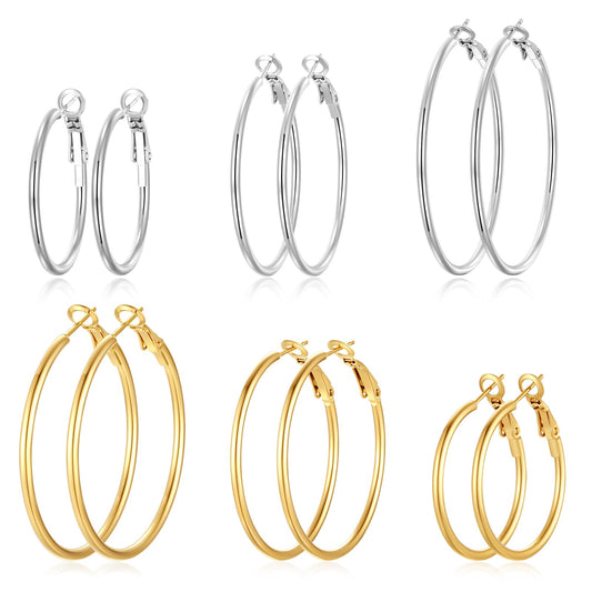 6 Pairs Silver Gold Two Tone Big Hoop Earrings for Women | 14K Real Gold Plated Hypoallergenic Large Womens Hoops Earrings Set for Women 3 Sizes (30/40/50mm)