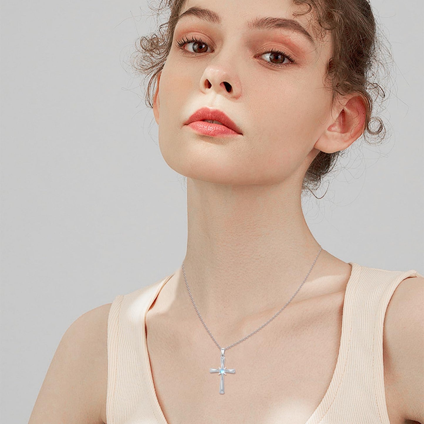 Silikepa Cross Necklace for Women 925 Sterling Silver Star Cross Pendant Necklace with Moonstone Christian Jewelry Gift for Women
