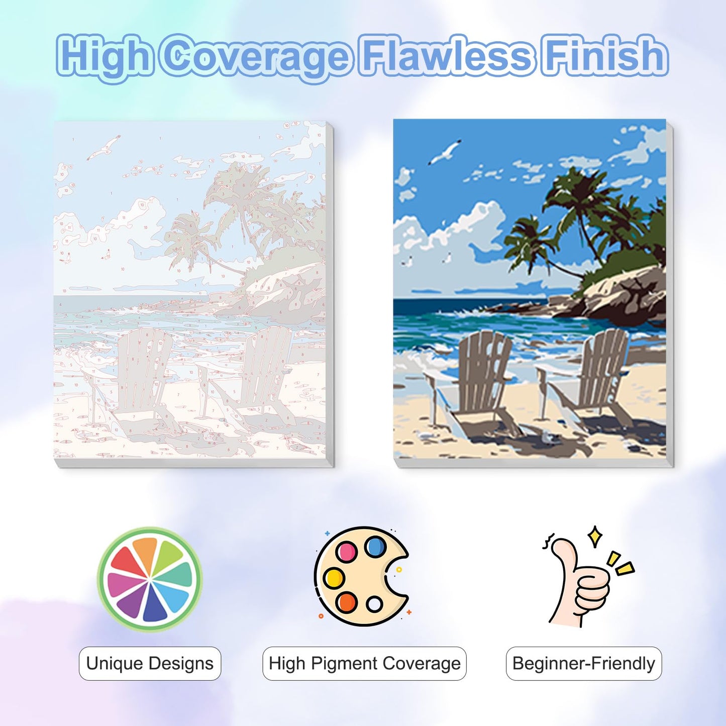 TOSTOG Seascapes 4 Pack Framed Canvas Paint by Numbers Art Kit for Adults and Kids, Beginner Acrylic Oil Painting Supplies with Wooden Frame for Home Wall Decor 20 * 25 cm/8 * 10 in