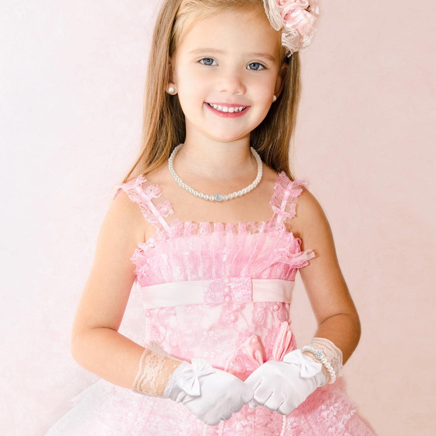 Geyoga 4 Pcs Pearl Necklace Set for Little Girls Toddler Girls Jewelry Communion Gloves for Kids Christmas Tea Party Wedding(Elegant Style,4-8 Years)