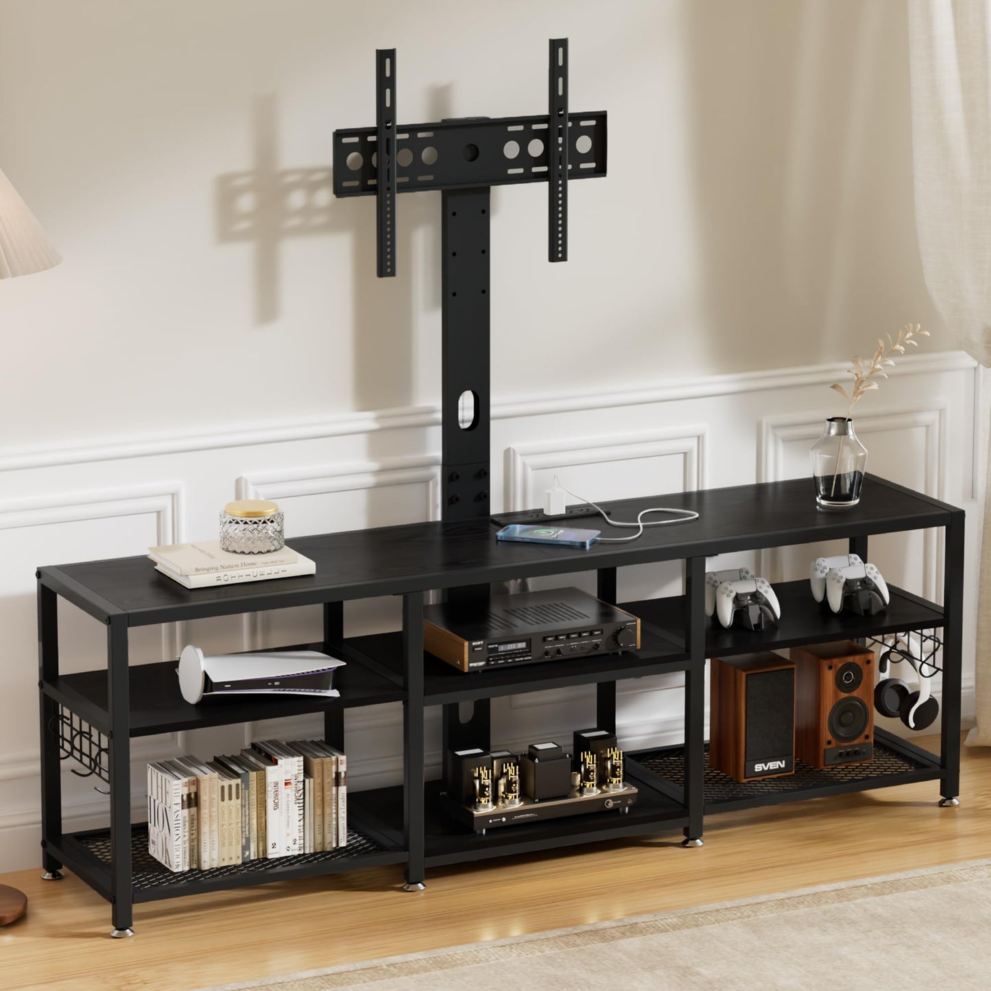 VECELO TV Stand with Mount and Power Outlets, Entertainment Center for 60/65/70/75/80 inch TVs, Height Adjustable Media Console with Storage Shelves, for Living Room, Bedroom, Black