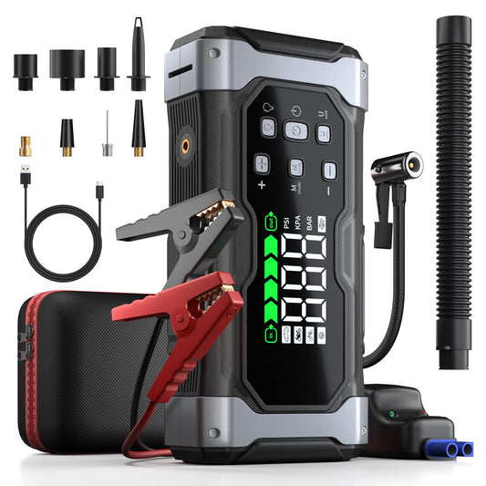 All-Around 9000A Jump Starter with 150PSI Air Compressor/Deflator, 12V Portable Car Booster (All Gas/14L Diesel), 9-in-1 Power Pack with Real-Time LCD, Smart Cables, Emergency Lights