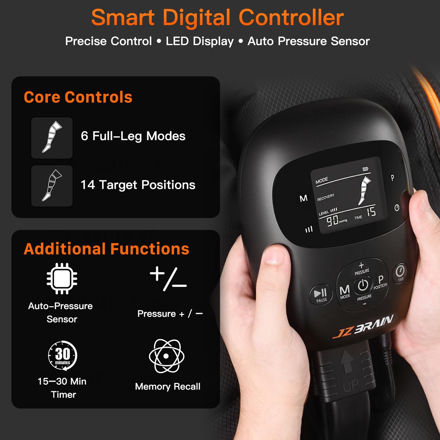 JZBRAIN Air Compression Leg Recovery Boots : Dual-Power Sequential Compression System Device with Smart Pressure Sensor - 6 Modes & 14 Positions Foot and Leg Massage for Athletes & Gym (Large)