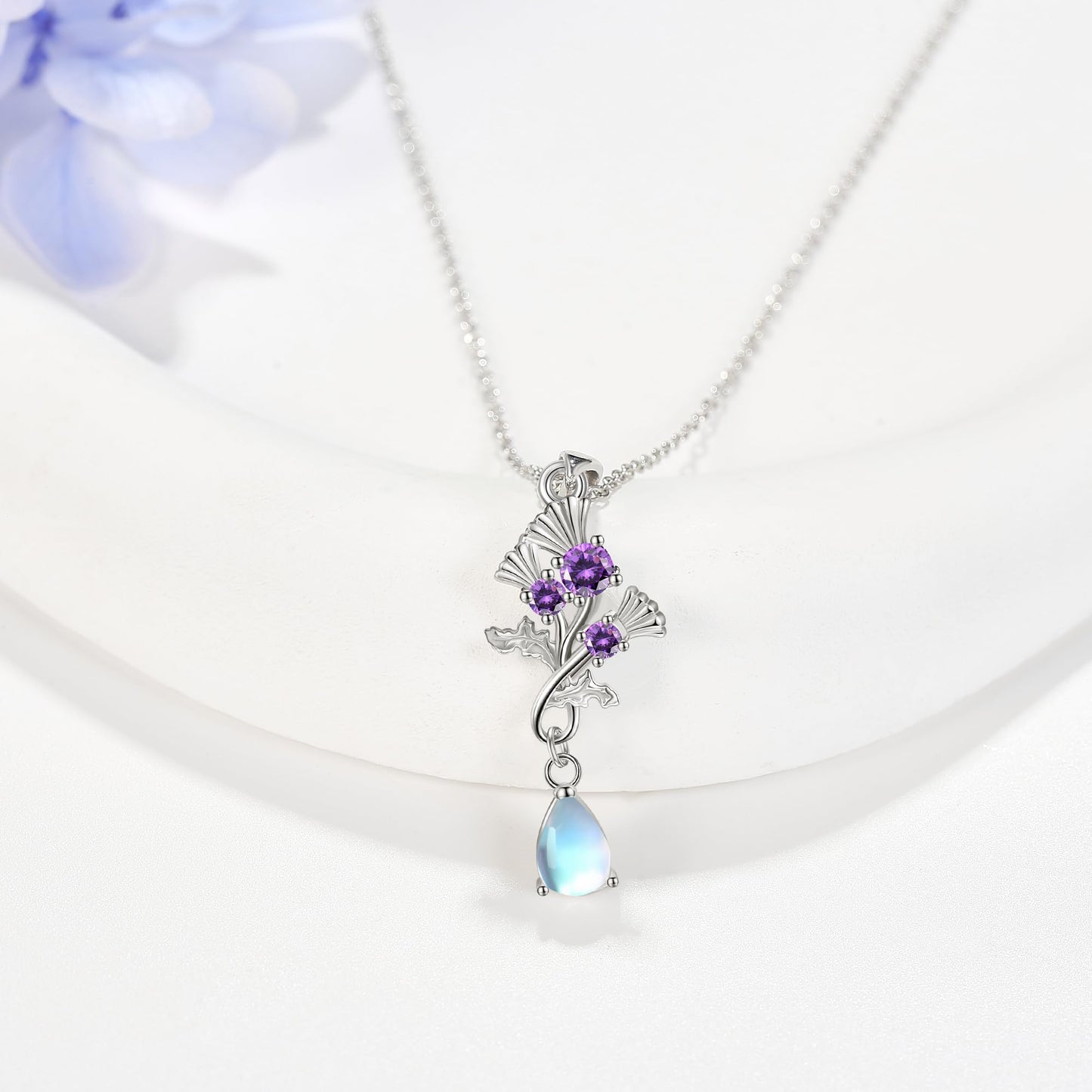 YAFEINI Scottish Thistle Necklace 925 Sterling Silver Moonstone Thistle Pendant Scotland Mother's Day Jewelry for Women Mom