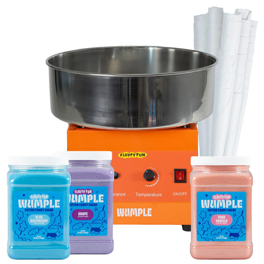 Wumple - Cotton Candy Machine Pro Bundle, Includes 3 Flavored Sugars & 70 Cones, Electric Machine with Large Stainless Steel Bowl for Parties & Business (Orange)