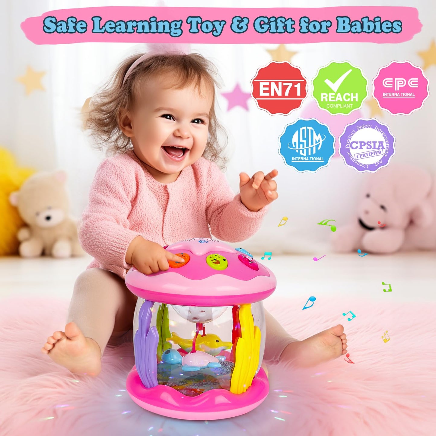 M SANMERSEN Baby Girl Toys 6-12 Months - Babies Ocean Rotating Projector Light Up Musical Toys for 12-18 Months Crawling Learning Tummy Time 1 2 Years Old Infant Boys Girls Pink