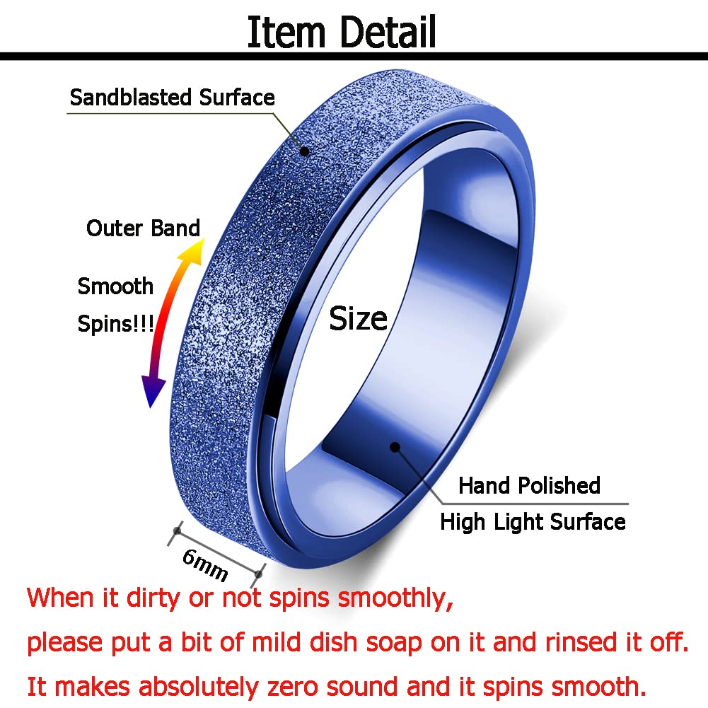 OreilleStar Anxiety Ring for Women Fidget Spinner Ring Fidget Toys Adults Titanium Stainless Steel Thumb Ring 6mm Wide Blue Size 7