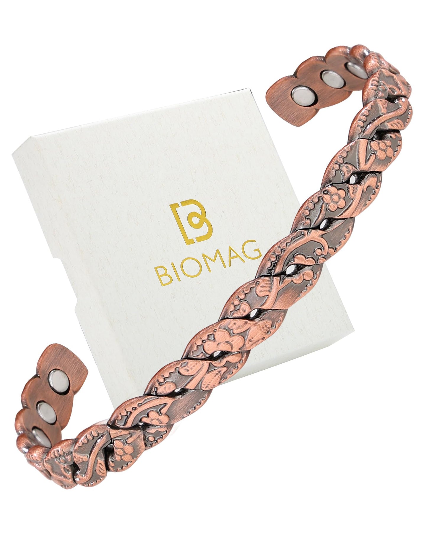 BioMag Magnetic Copper Bracelet for Women Men, 99.99% Pure Copper Cuff Bangle with 6 Pcs 3500 Gauss Magnets, Adjustable Jewerly Gift (Copper-Flower)