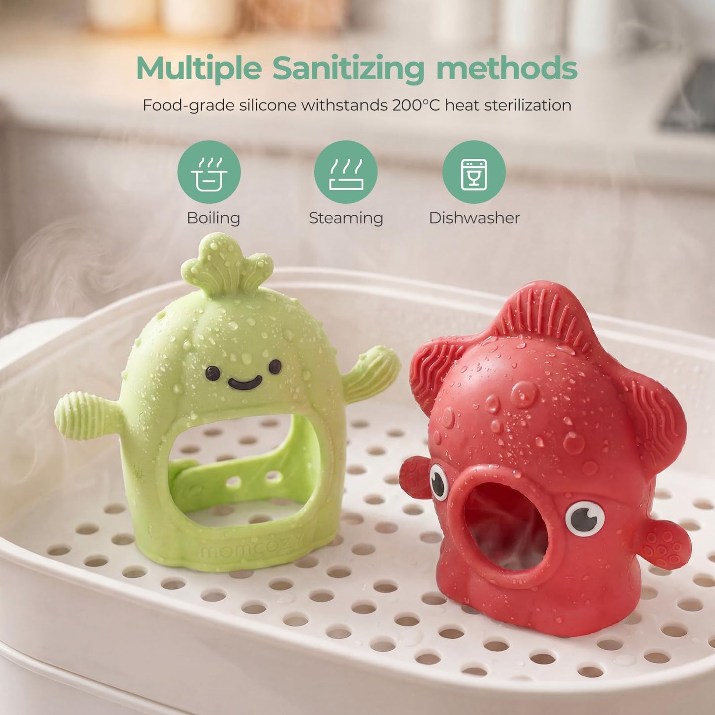 Momcozy Teething Toys, Food Grade Silicone Baby Teether，Teething Mitten for Babies 0–6 Months，Teethers for Babies 6–12 Months，Anti Drop Wrist Teether with Multiple Chew Points，Baby Shower Gifts, Red