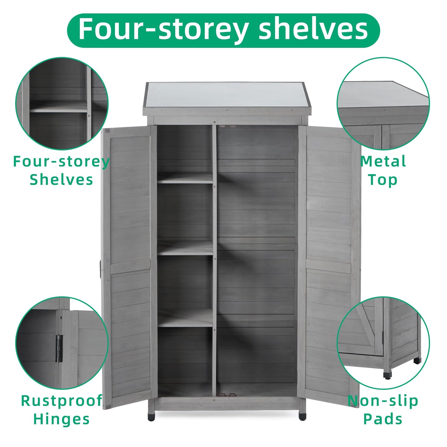 Ball & Cast 68" Garden Shed Tool Shed with Metal Top and Adjustable Protective Footpad,X-Shape Design Outdoor Cedar Wood Storage Cabinet W/Magnetic Door,Tall Shelter for Yard Patio,Gray