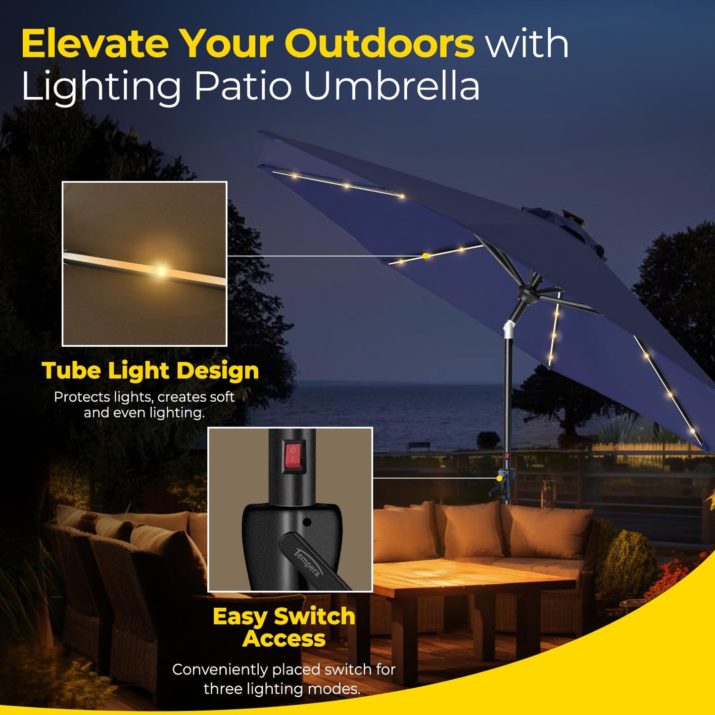 Tempera 10ft Patio LED Umbrella with light | Solar Outdoor Umbrella | Market Table Parasol with Push Button Tilt and Crank, with Sturdy Pole&Fade resistant canopy,Easy to set