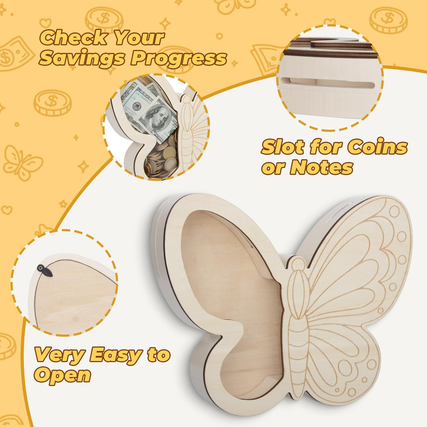 Butterfly Piggy Bank for Kids, Paint Your Own DIY Butterfly Bank with Clear Window, Wooden Savings Box for Coins and Bills, Room Decor Gift
