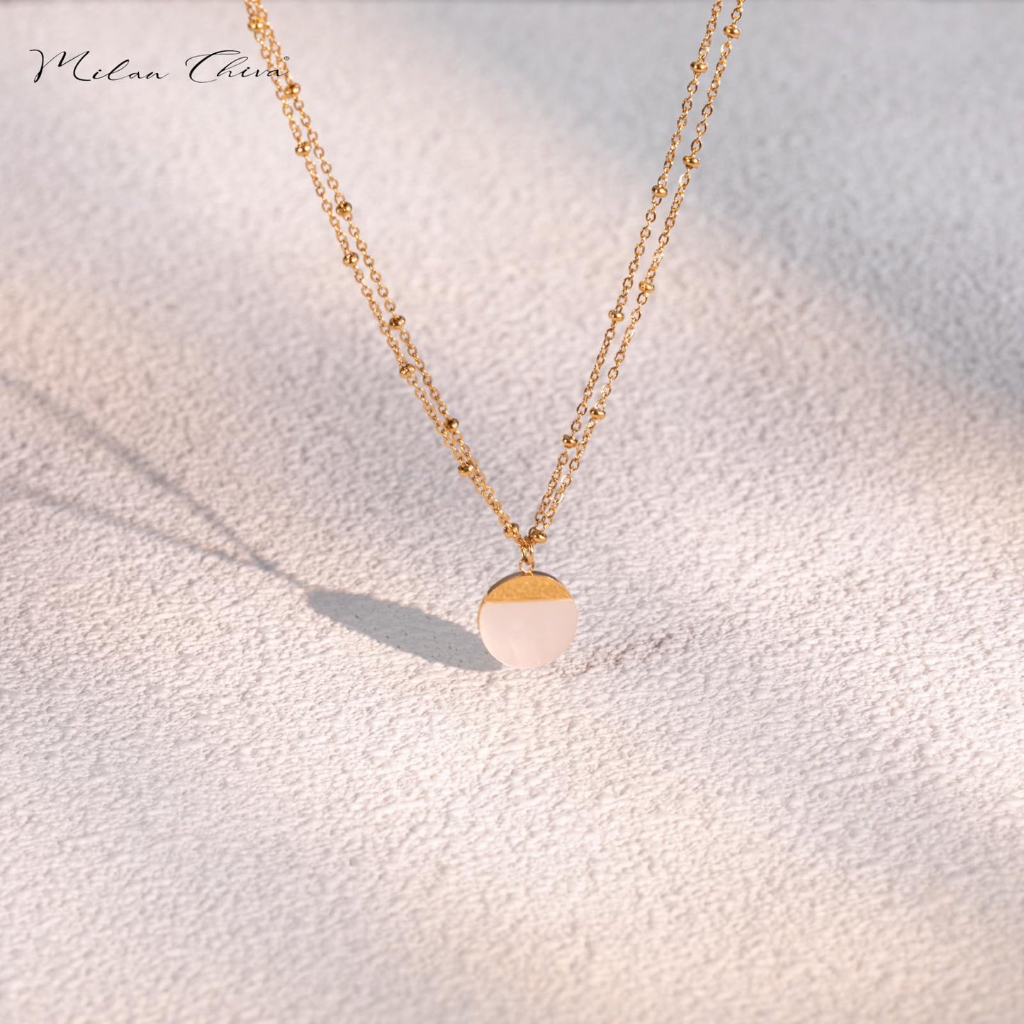 Milan Chiva 14K Gold Plated White Mother of pearl Layered Stacked Necklace for Women, Dainty Trendy Non Tarnish Circle Pendant Charm Necklaces Fashion Jewelry for Women Waterproof MNS-1008WT