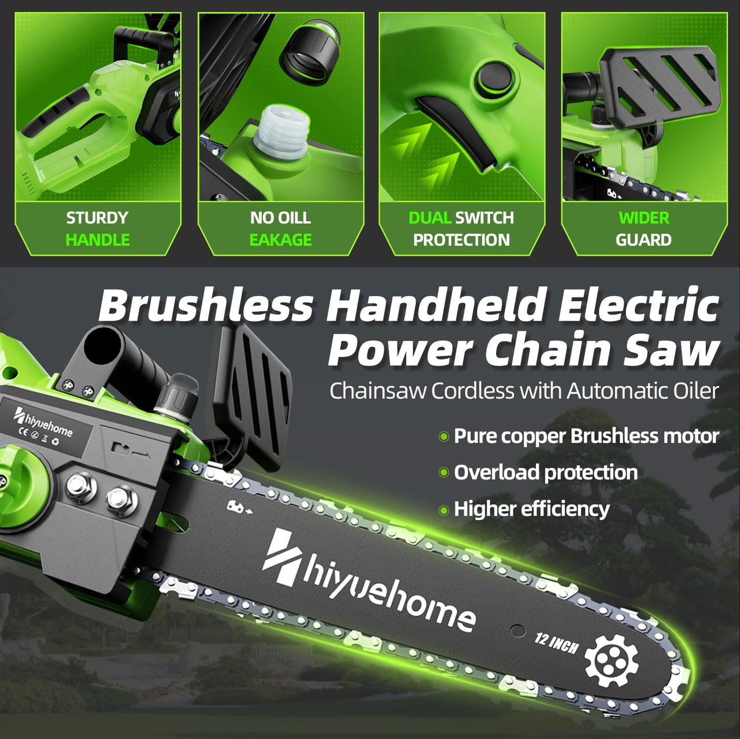 hiyuehome Power Chainsaw 12inch,Chainsaw Cordless w Automatic Oiler, Handheld Electric Power Chain Saw w Security Lock, Brushless Motor,for Wood/Trees Trimming (Green - 2 batteries, 12 INCH)