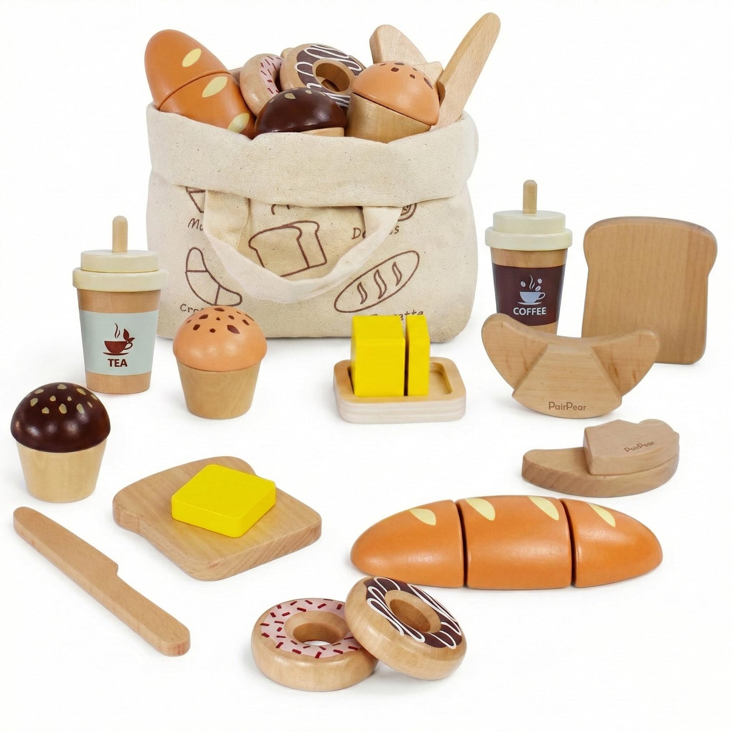 PairPear Wooden Bakery Play Food Set, Pretend Play Kitchen Accessories with Shopping Bag, Kids Cutting Food Gift for Boys and Girls Ages 3+