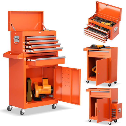 Brightpeak 5-Drawer Rolling Tool Chest – Heavy-Duty Steel Tool Cabinet with Detachable Top Box & Locking Wheels – Secure 2-in-1 Garage Workshop Storage, Tool Organizer(Orange)