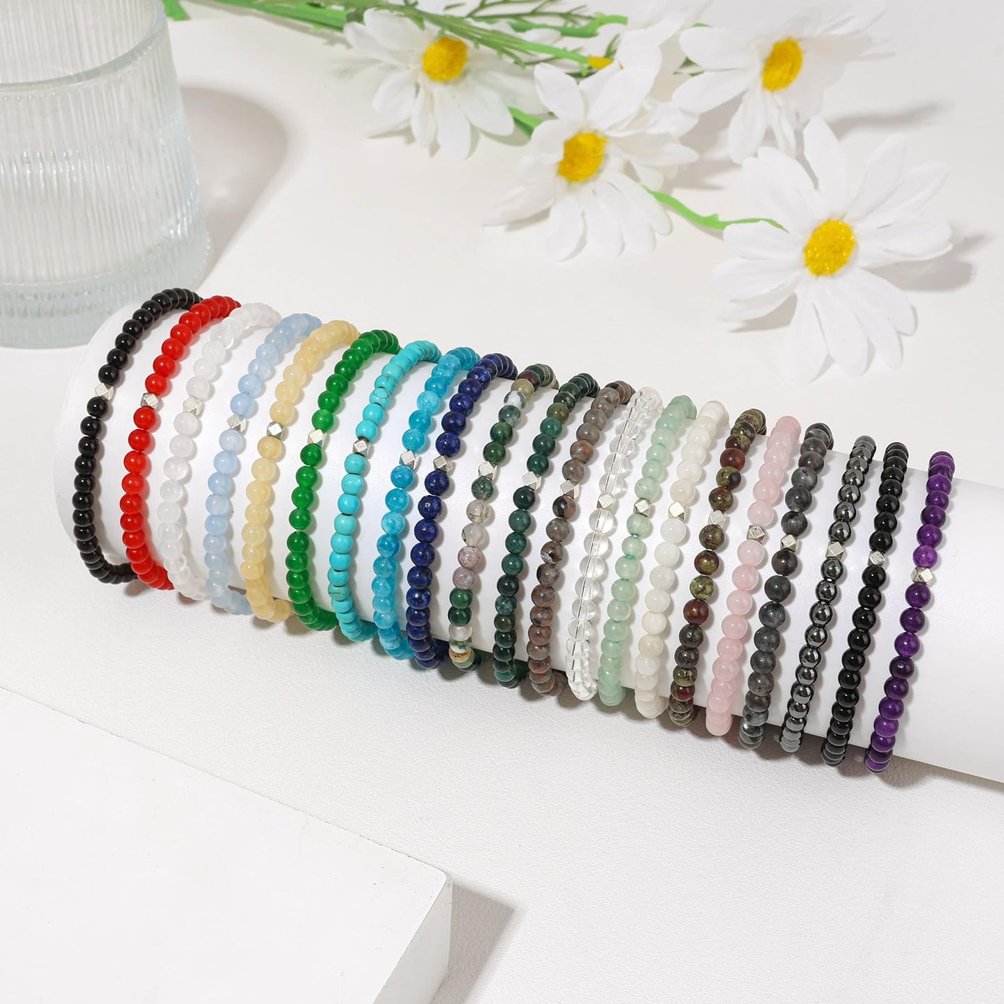 Raicegs 4MM Indian Agate Beaded Bracelets Healing Crystal Bracelet for Women Men Natural Stone Handmade Stretch Bracelet Reiki Spiritual Jewelry