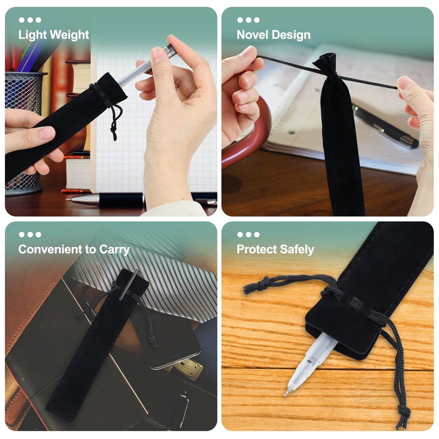 WFPLUS 50 Pieces Velvet Pen Pouch with Drawstring Pencil Sleeve Holders Pen Bag Case Pens Protective for Student Adult Office Business Supplies Gifts (Black)