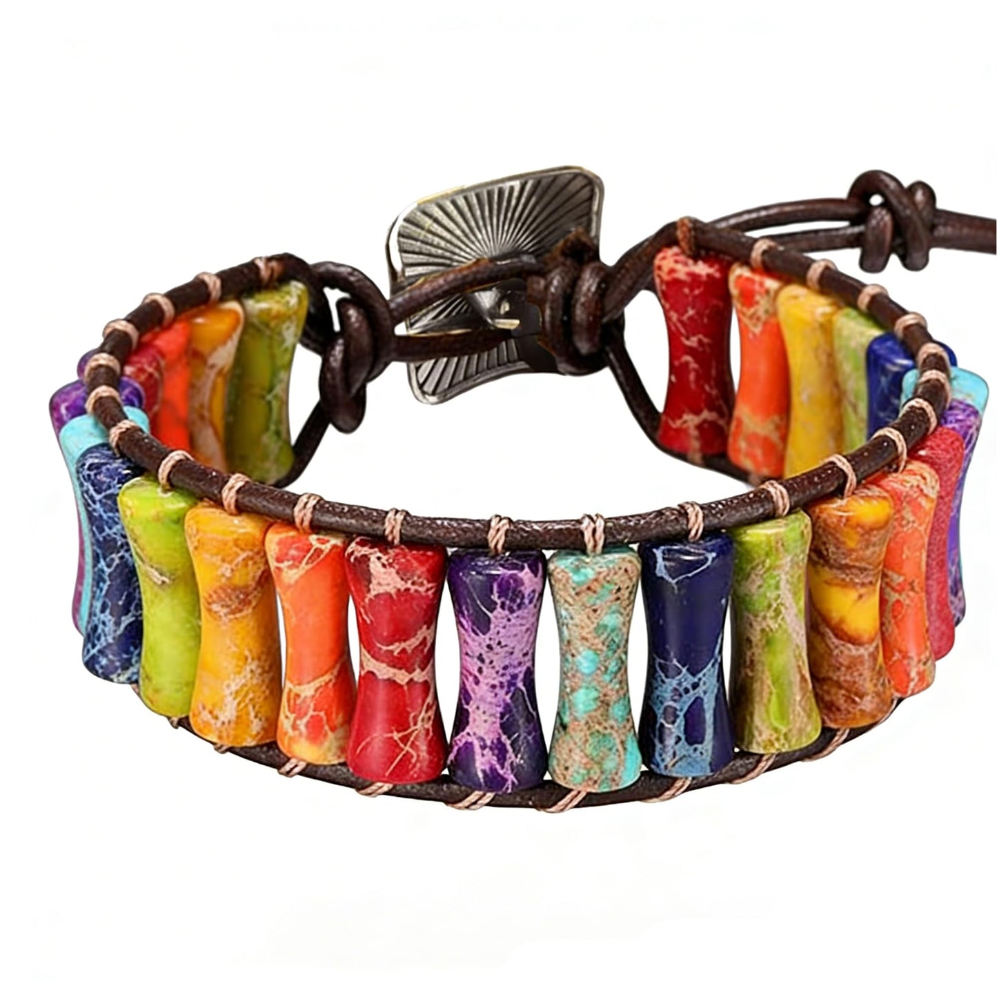 Plumiss Bohemian Rainbow Imperial Stone Bracelet - Adjustable Leather Wrap Chakra Bracelet for Women Men, Handmade Colorful Energy Stone Yoga Jewelry Gift