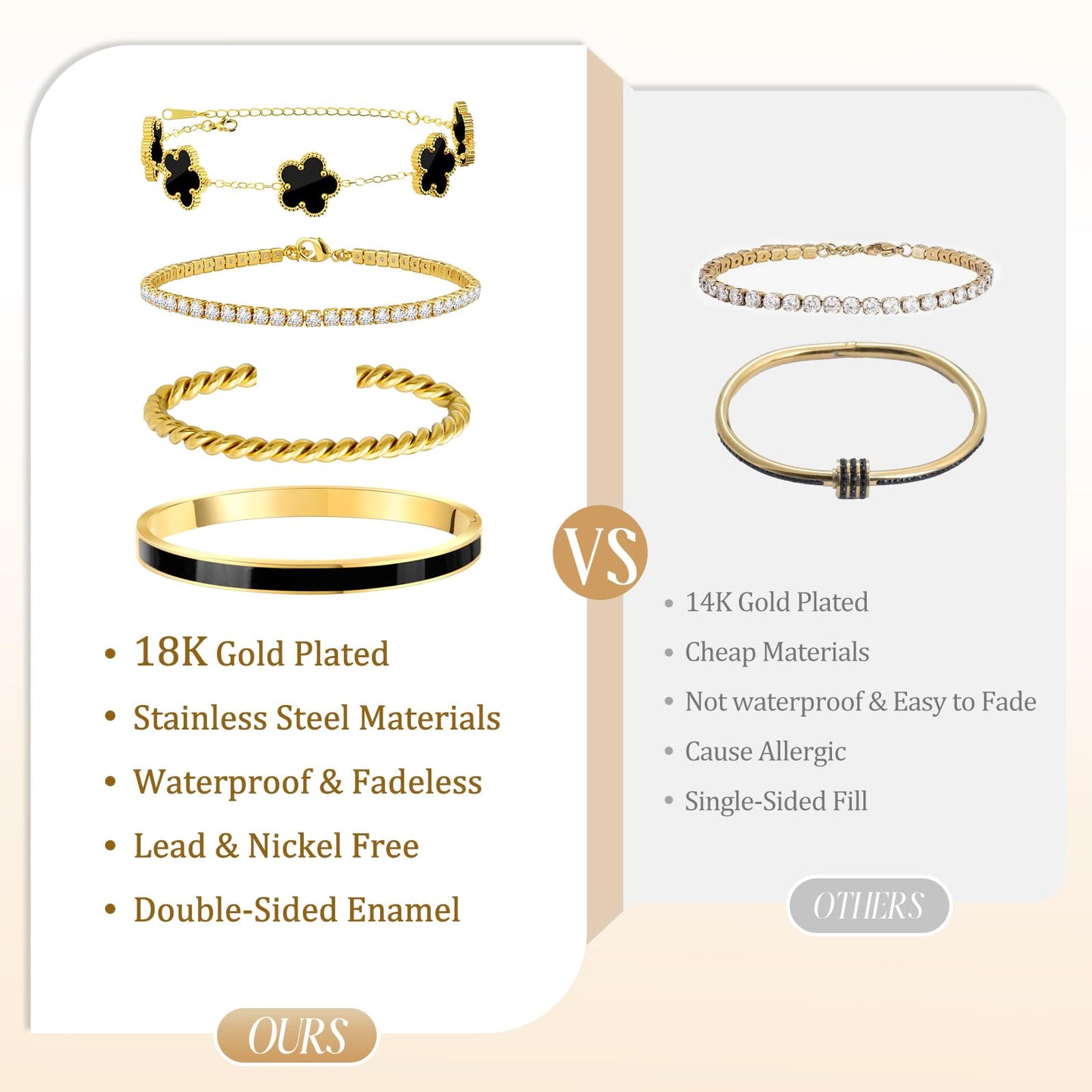 MOINSPIRE 18K Gold Plated Bracelets for Women, Stainless Steel Four Leaf Clover Tennis Nail Love Bangle Bracelets Set, Trendy Stackable Twist Cuff Bracelet Non Tarnish Jewelry Gifts for Christmas
