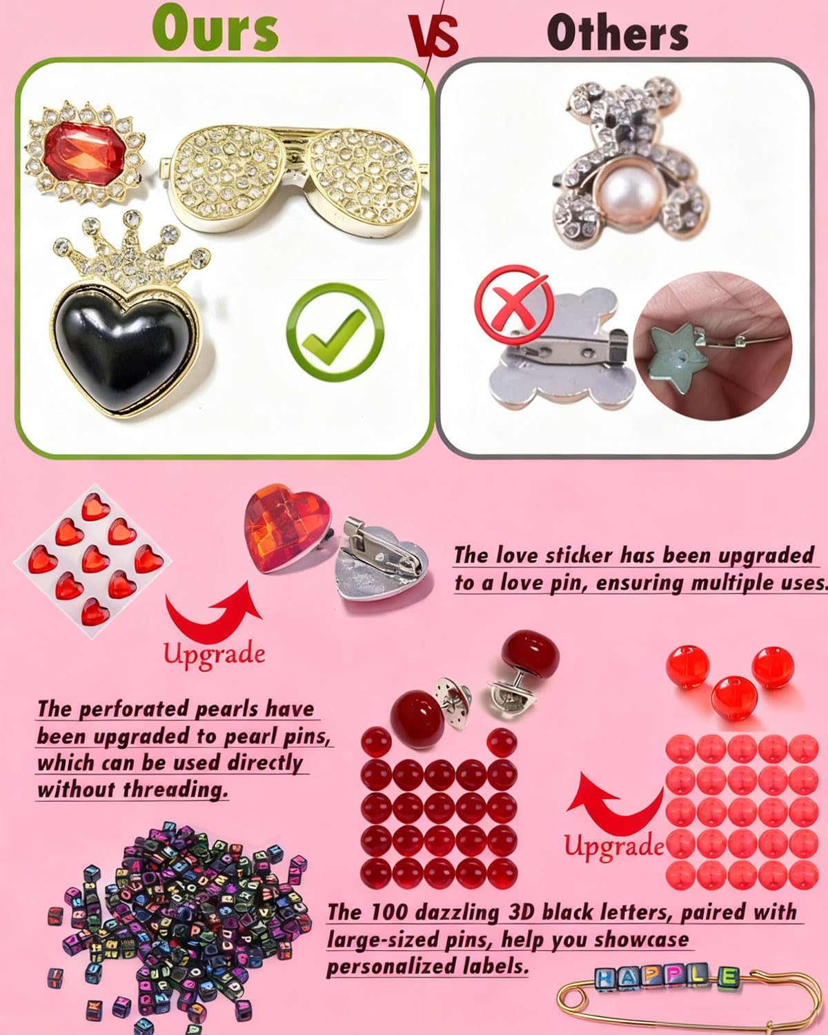 MINGRI Junk Socks Charms Kit Red Black,195 Pcs Shoes Charm for Sneakers,Brooches and Pin for Women with Letter,Safety Hat Pin for Women Gift Rhinestone Junk Charm with Pearl Chain