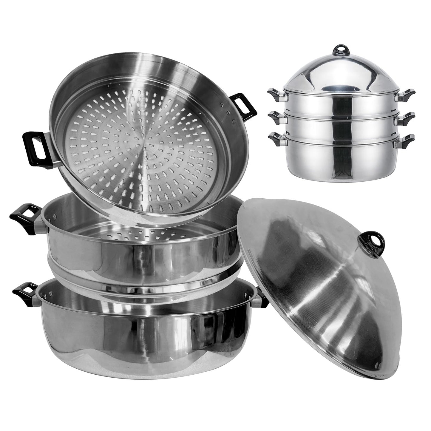 LetFeng Steamer Pot for Cooking 19 inch Steam Pots with Lid 3-Tier Multipurpose Stainless Steel Steaming Pot Cookware with Handle for Vegetable, Dumpling, Stock, Sauce, Food