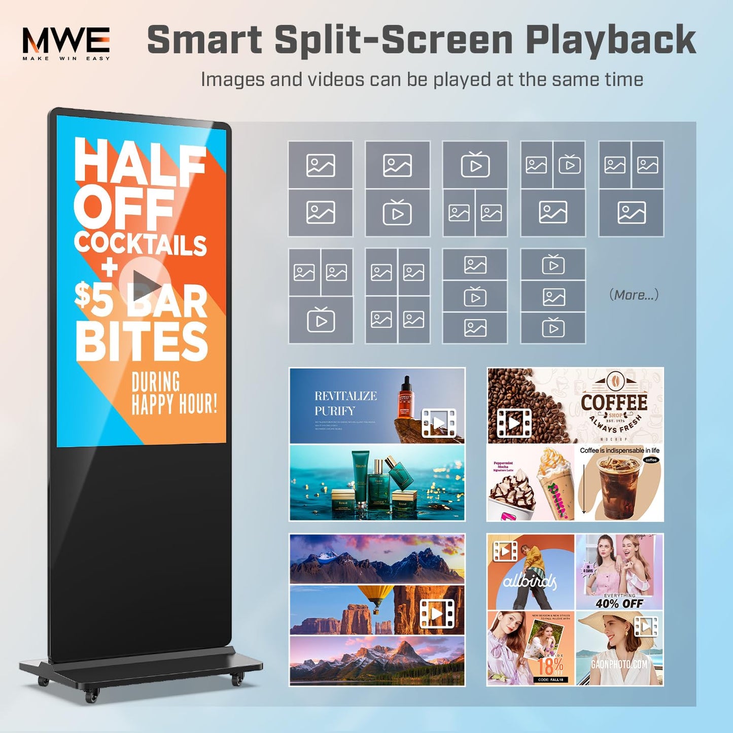 QIXZOCV MWE 65 Inch 4K Digital Signage Display Kiosk, Indoor Floor Standing Advertising Display Poster, LCD Commercial Display with Auto Media Player, Android System, HDMI/USB/WiFi