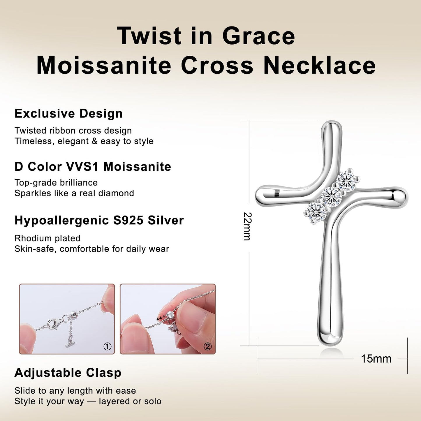 KRKC&CO Moissanite Cross Necklace for Women: D Color VVS1 0,09ct, 925 Vermeil Sterling Silver, Hypoallergenic Petite Pendant, Luxury Gifts for Birthday Anniversary Wedding, Gift Box with Handles