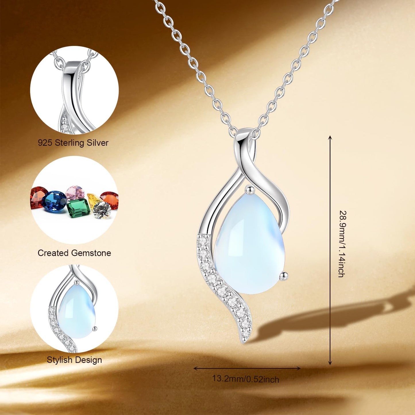 FANCIME June Birthstone Necklace for Women Teardrop Moonstone Necklace S925 Sterling Silver Gentle Love Birthday Gifts for Mom Women, 16"+2" Inches