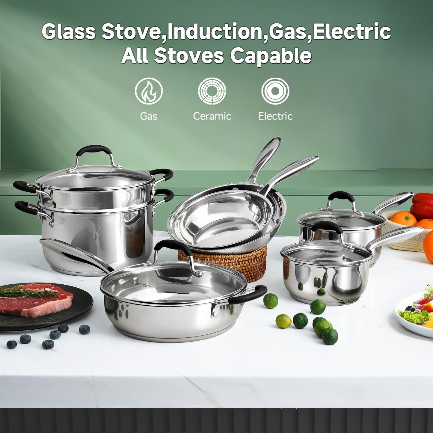 SLOTTET Stainless Steel Kitchen Cookware Set,11 Piece Pots and Pans Set with Steamer,Heat-resistant Handle,Non-Toxic,Induction,Oven,Dishwasher Safe