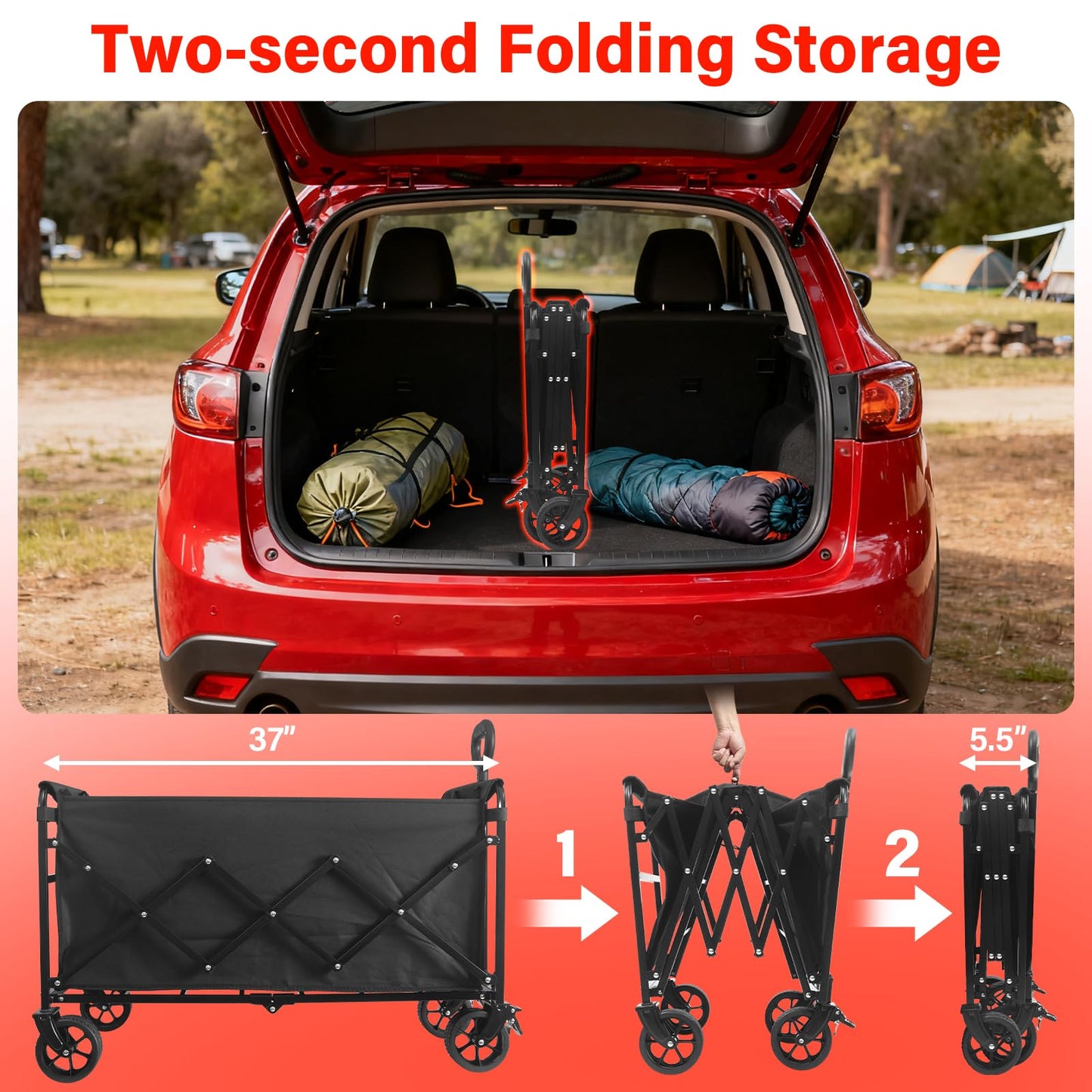Collapsible Wagons Carts Foldable, 500LBS Heavy Duty Wagon Cart Foldable with Brakes & All-Terrain Wheels– 34'' Extra Long Folding Wagon Portable Lightweight for Camping, Beach，Sports, Shopping