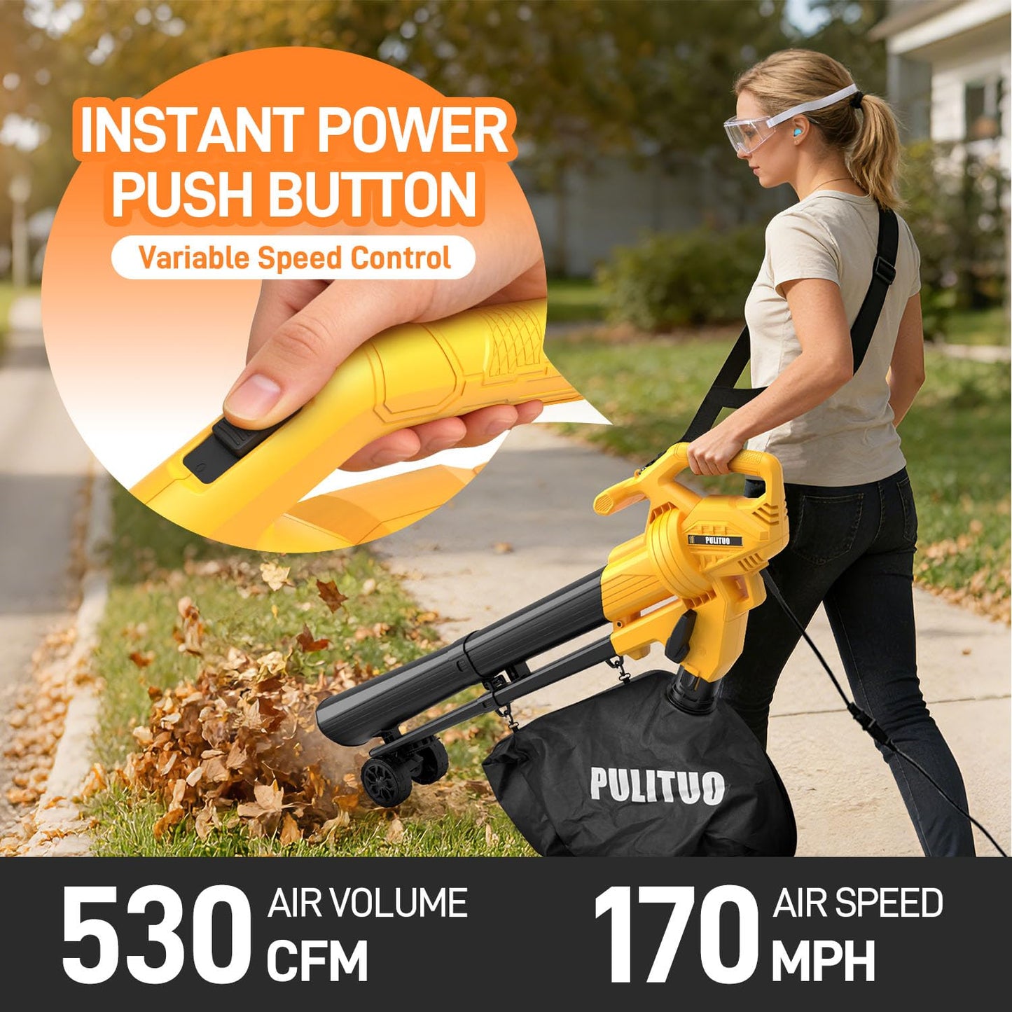 PULITUO 3 in 1 Electric Leaf Blower Vacuum Mulcher with Bag, 530CFM & 170MPH Leaf Vacuum Corded Blowers for Lawn Care, 15:1 Powerful Leaf Mulcher with Shoulder Strap (Yellow)