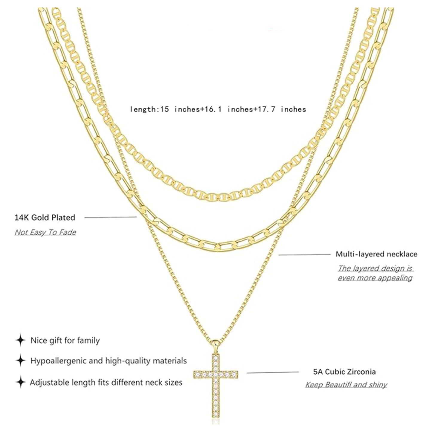JELLYSEE Gold Necklaces for Women - 14K Gold Plated Layering Necklaces Trendy Circle Paperclip Chain Pendant Choker Necklace, Simple Diamond Cross Bow Jewelry Set Gifts for Women