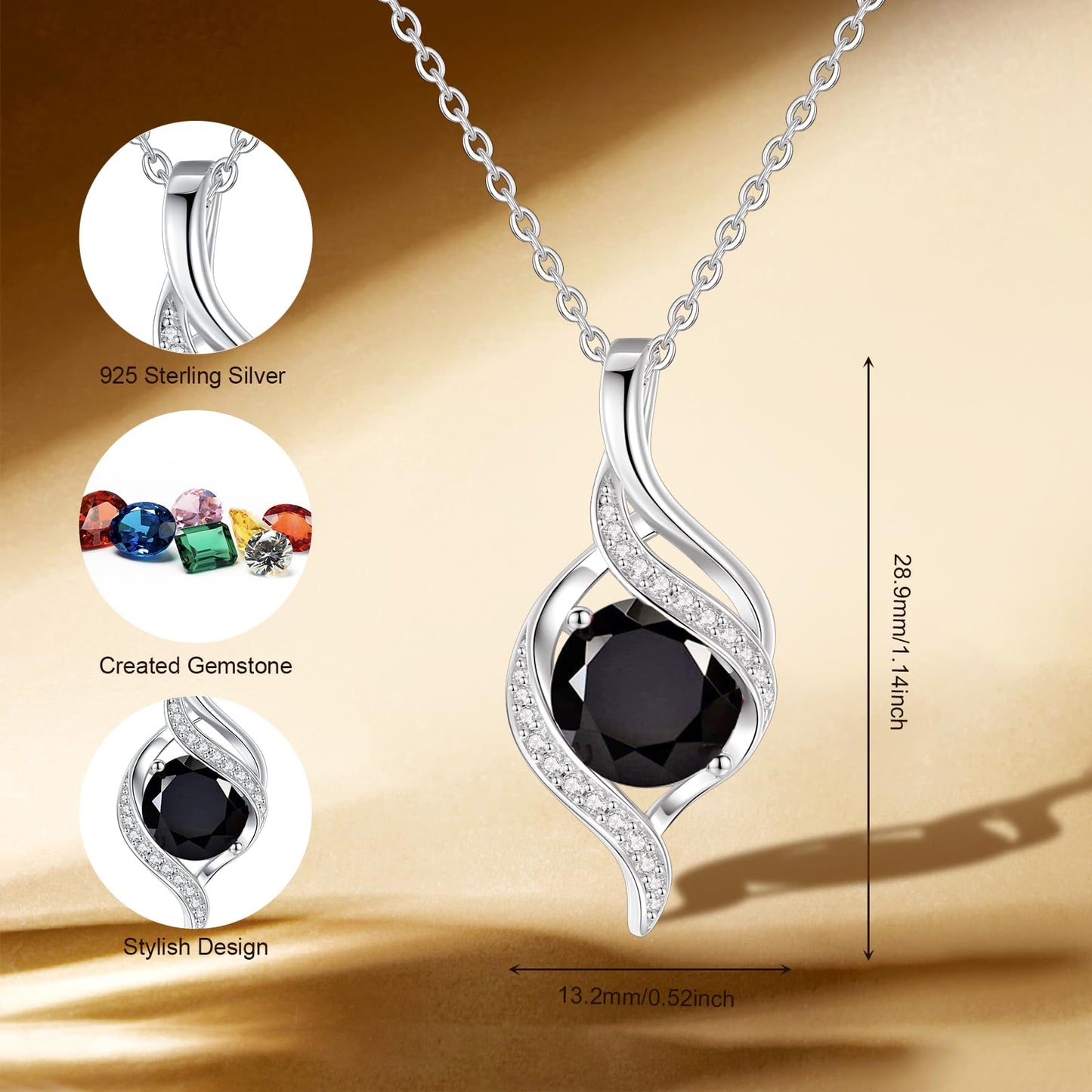 FANCIME October Birthstone Necklace for Women Round Black Tourmaline Necklace S925 Sterling Silver full Love Birthday Gifts for Mom Women, 16"+2" Inches