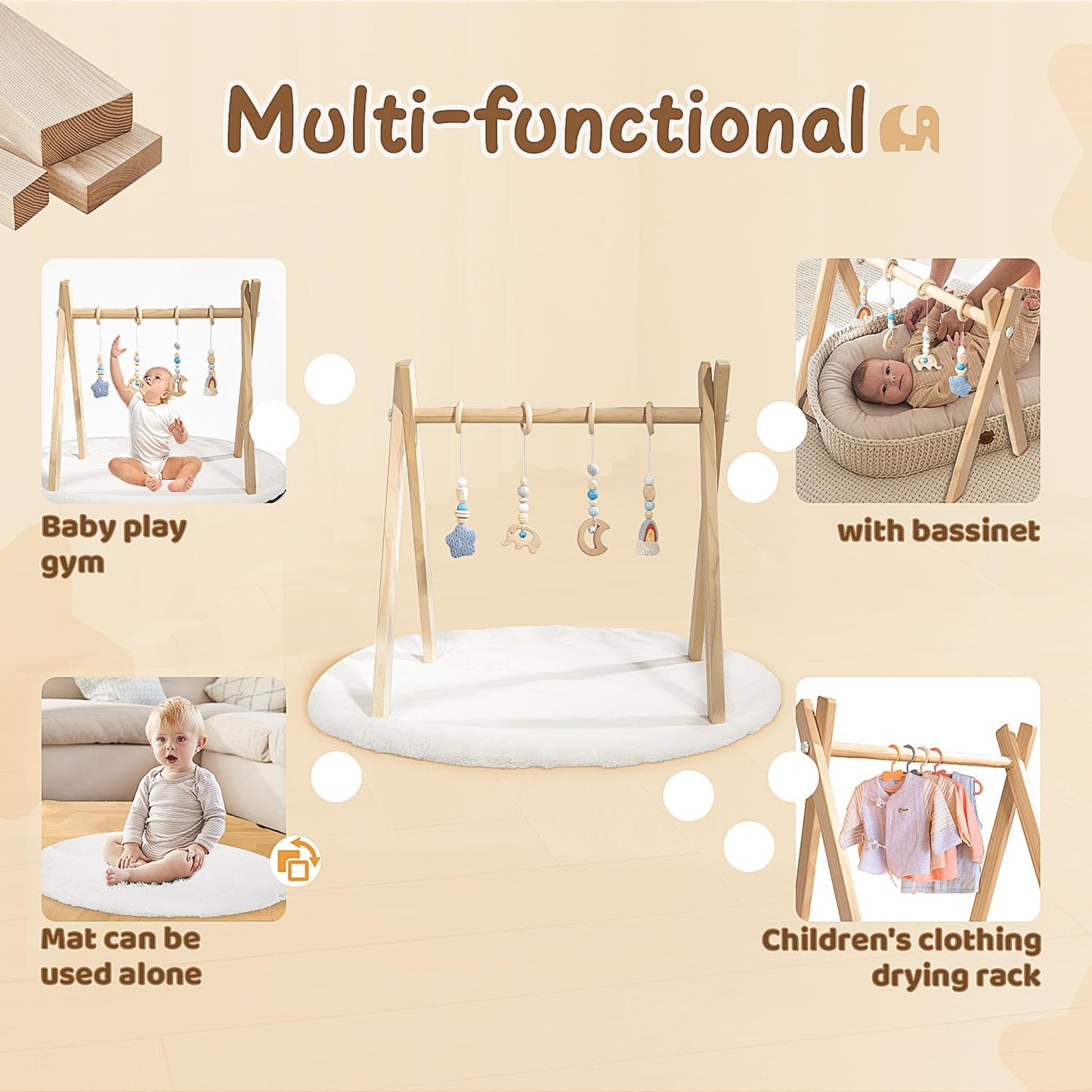 Wooden Baby Play Gym with Activity Mat, Foldable Baby Gym Frame with Hanging Sensory Toys for Newborn, Tummy Time Playground