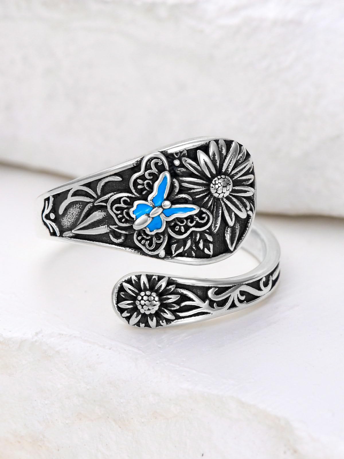 Midari Butterfly Sunflower Spoon Rings 925 Sterling Silver Butterfly Ring Sunflower Ring for Women Adjustable Thumb Spoon Rings Vintage Finger Open Spoon Rings for Women Daughters