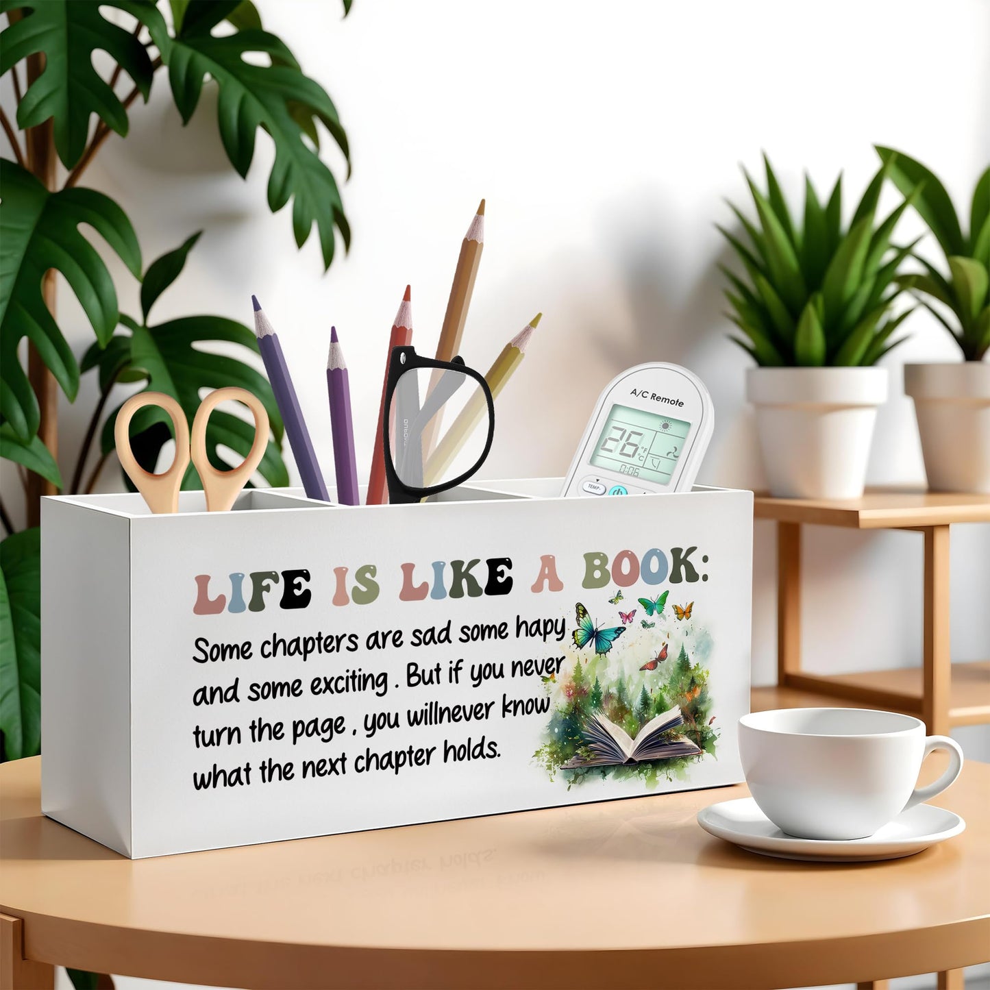 FITIE Inspirational Pencil Pen Holder for Desk, Life Is Like A Book Wooden Pencil Holder Organizer for Home Office Library Desk Accessories, Encouragement Gifts for Women