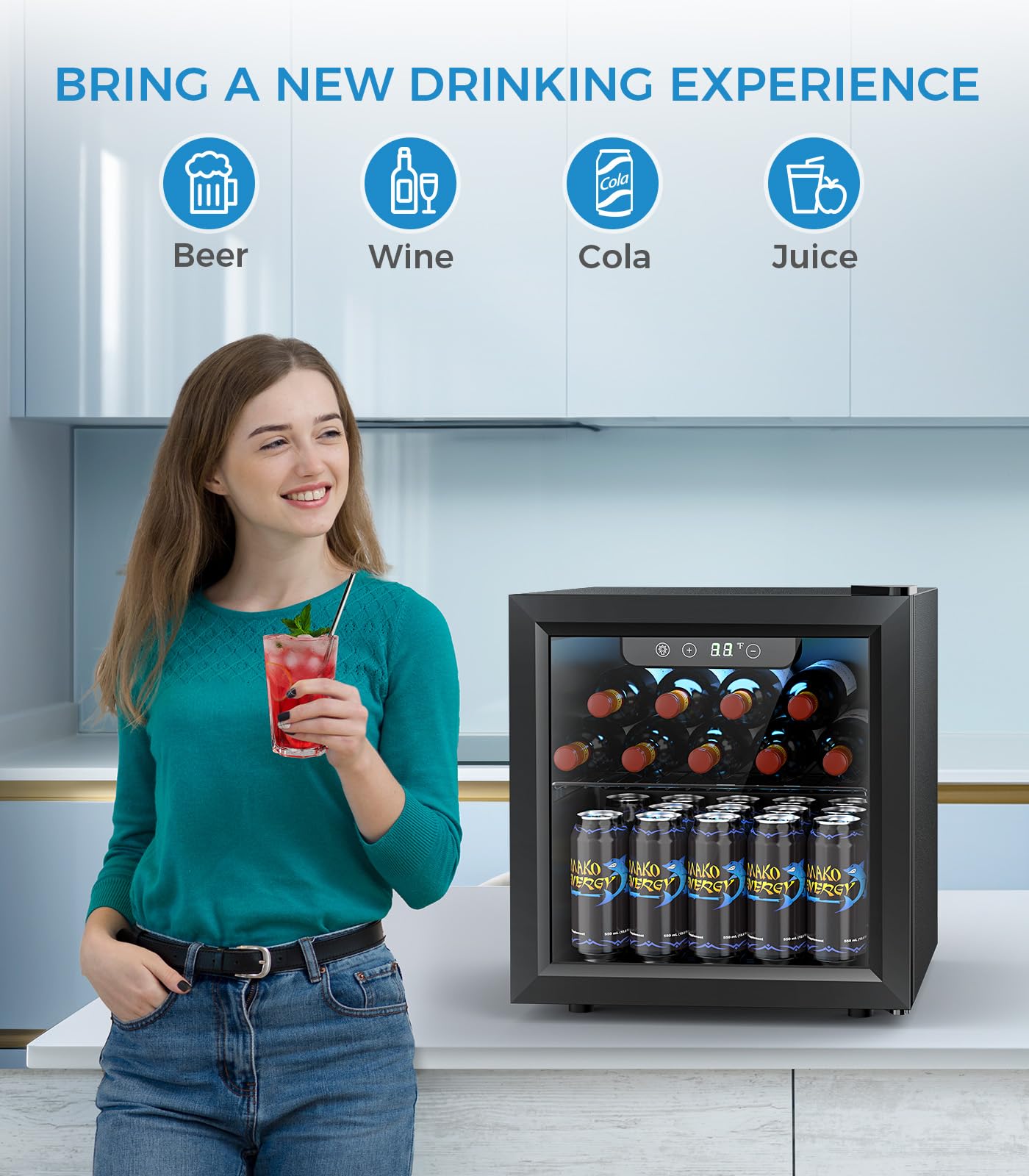 Electactic 48 Can Beverage Refrigerator Mini Fridge Cooler Glass Door for Beer Soda or Wine, Small Drink Cooler Machine LED Temperature Control for Bar Home, Office 1.3CUFT
