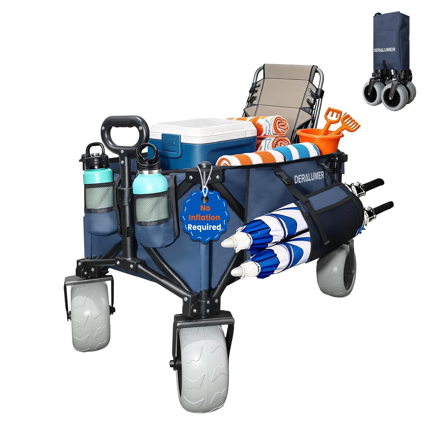 Deralumer X900 Beach Wagon for Sand with 9"×4" Big Wheels, Extra Large Heavy Duty Folding Wagon with Expandable Tailgate & Side Bag, All Terrain Collapsible Utility Cart (X900 9×4" PU Wheels)