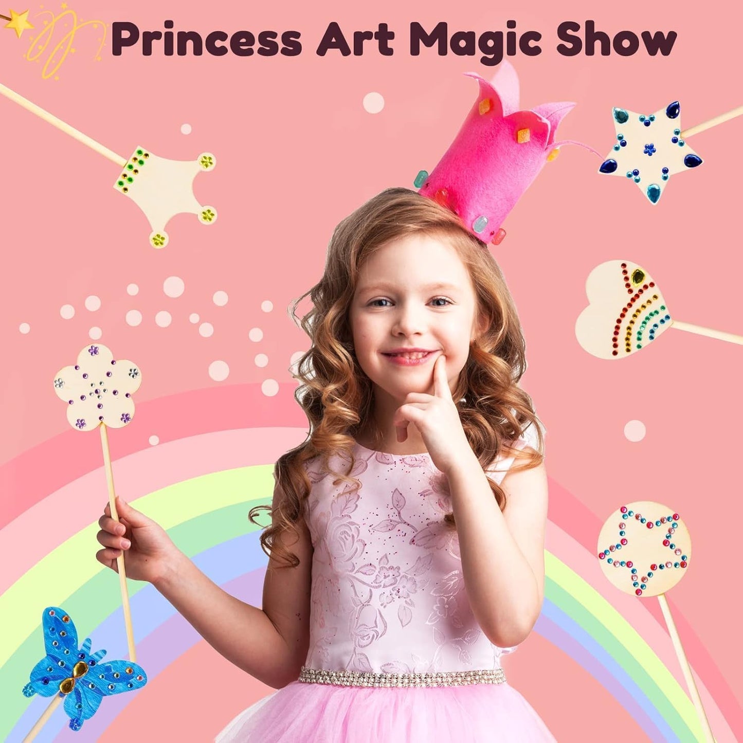 Pllieay Princess Fairy Wands Kit for Birthday Party Favors Decorations, Include 18 Pieces 6 Styles Unfinished Wooden Princess Wand and 4 Gem Stickers Princess Art Magical Show for Party Supplies
