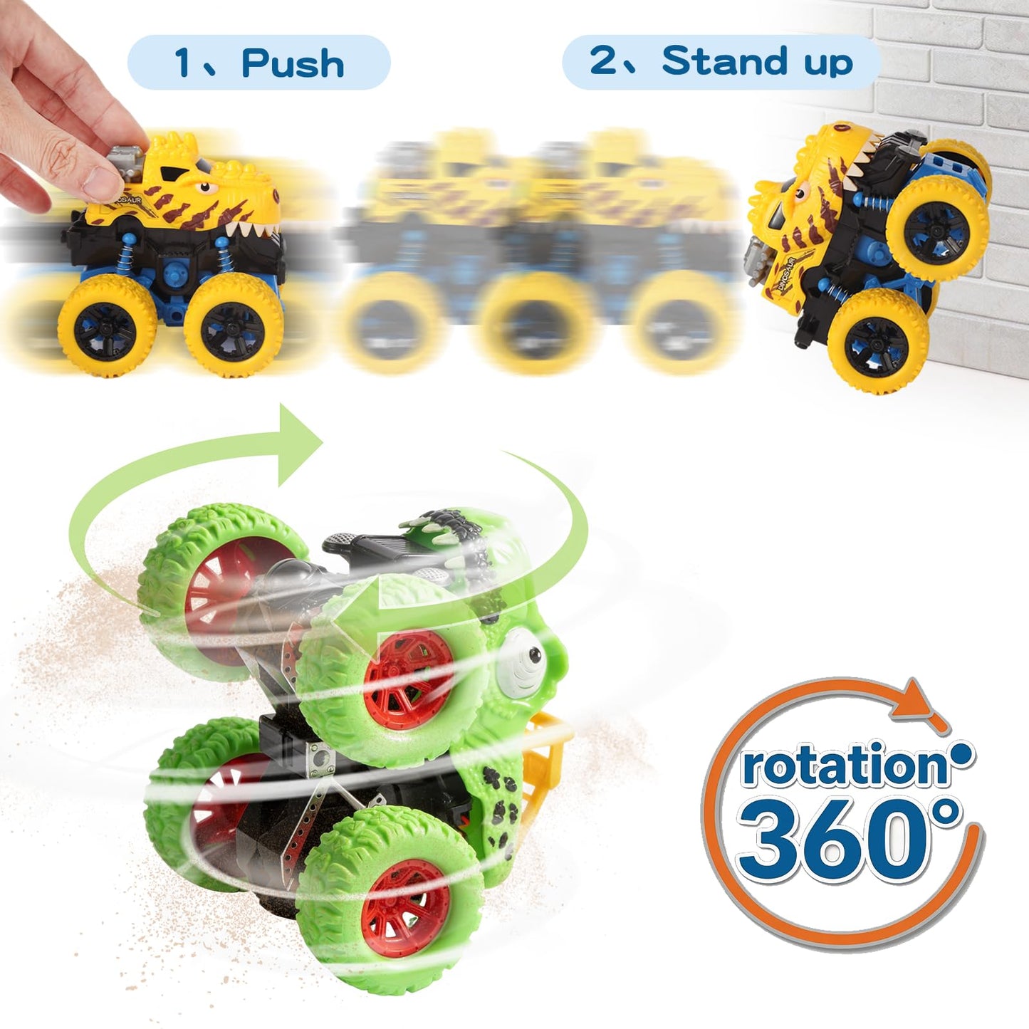 TGXLAK Dinosaur Toys for 2 3 4 5 Year Old Boys - 3 Pack Monster Truck Toys with Friction Power 360° Rotating Push and Go Cars for Toddlers Ages 2-4-6 - Boys Girls Birthday Gifts for Kids 3-5