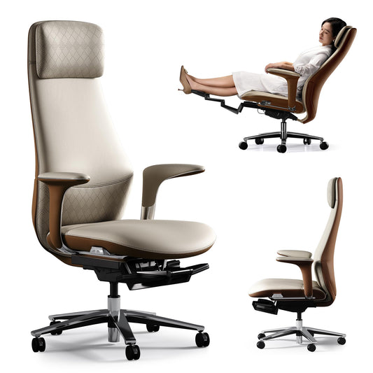 TOMU Executive Office Chair with Foot Rest, Top Grain Genuine Leather Office Chair, Ergonomic High Back Design. Real Leather, Wheels, Alumium Base. Padded Armrest, Luxury and Comfy (Beige)