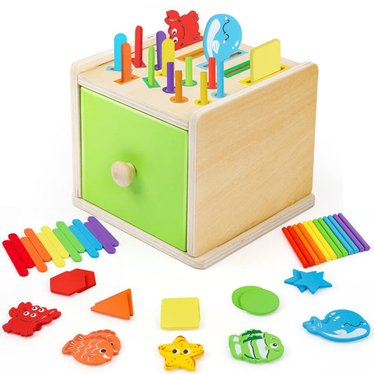 Montessori Wooden Toddler Toys for 1 Year Old, Fine Motor Skills Toys for 1-3 Year Old, 12-18 Month Baby Educational Color Shape Sorting & Animal Cognition Toy with Drawer, Birthday Gift for Girl Boy