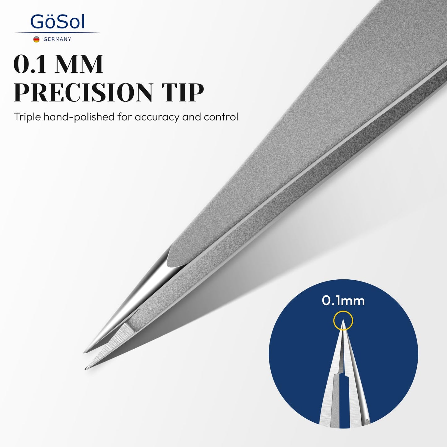 GöSol Tweezers - Professional Pointed Tweezers for Women and Men, 420 Stainless Steel Precision Tweezers for Women Facial Hair Removal, Expert Ingrown Hair Plucker, 0 Gap, Painless Hair Extraction