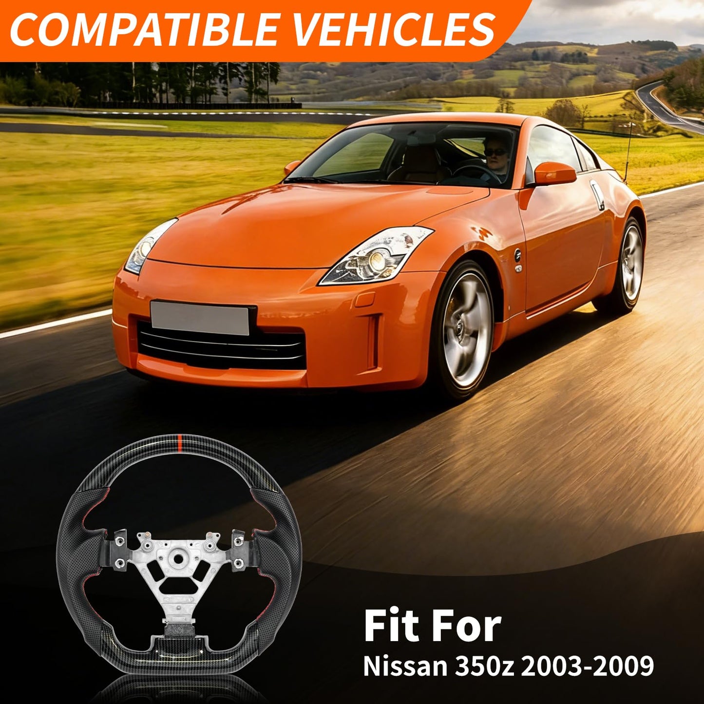 JIANGGAI Hydro-Dip Carbon Fiber Steering Wheel, D-Shaped Flat Bottom Perforated Leather Grip Steering Wheel Fit for Nissan 350z 2003-2009